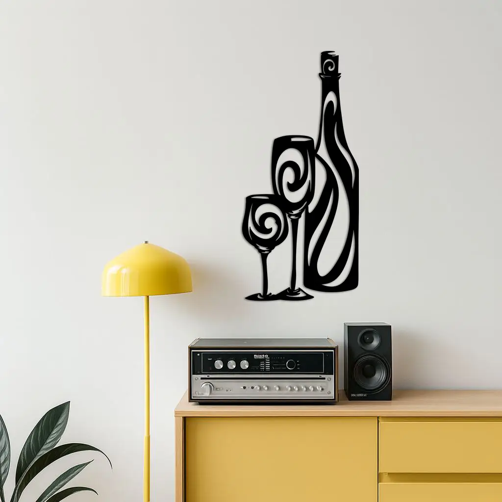 Wine Bottle and Glasses Silhouette Modern Kitchen Décor - Pink Metal Wall Art - KAFGP160 by Enova Art