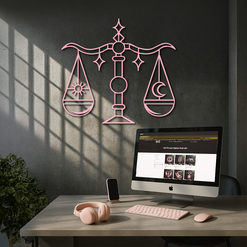 Libra Zodiac Sign Silhouette – Pink Metal Wall Art Balance Scale Design - KAFGP161 by Enova Art