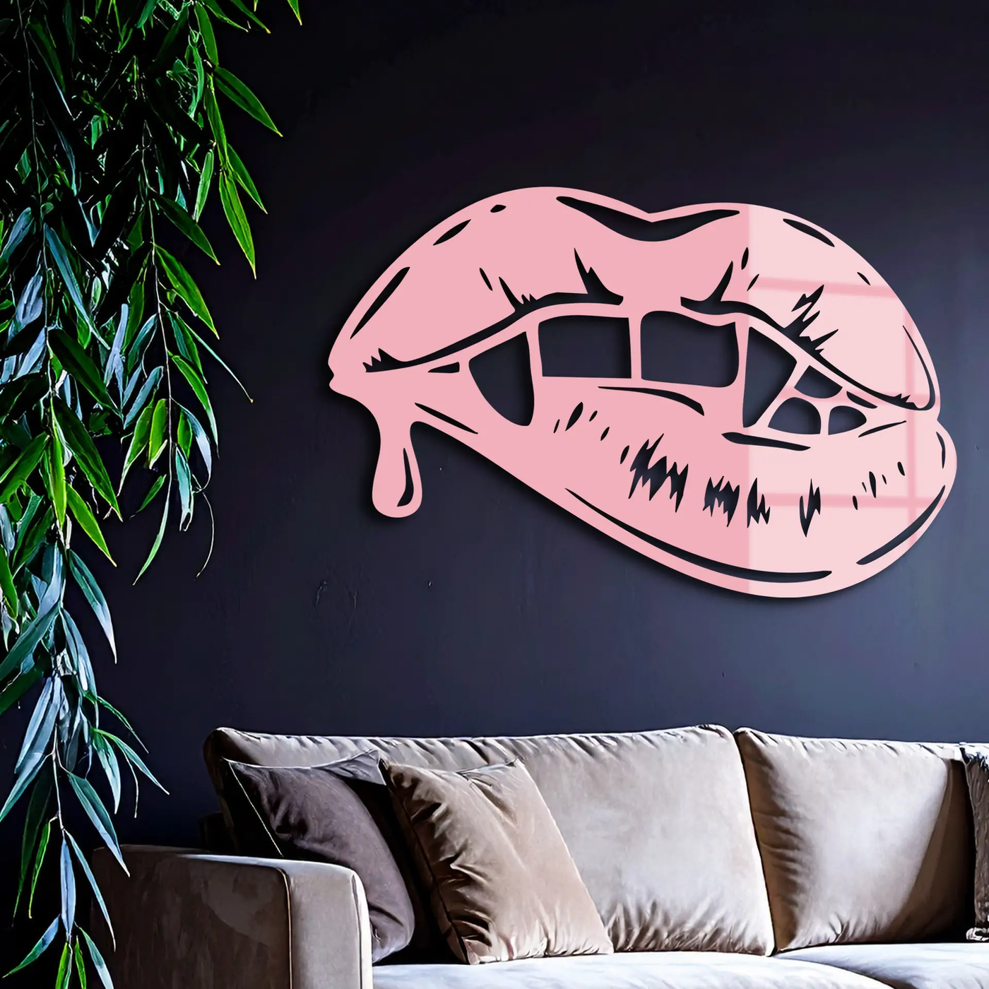 Vampire Lips Silhouette – Pink Metal Wall Art for Modern Home Décor - KAFGP163 by Enova Art