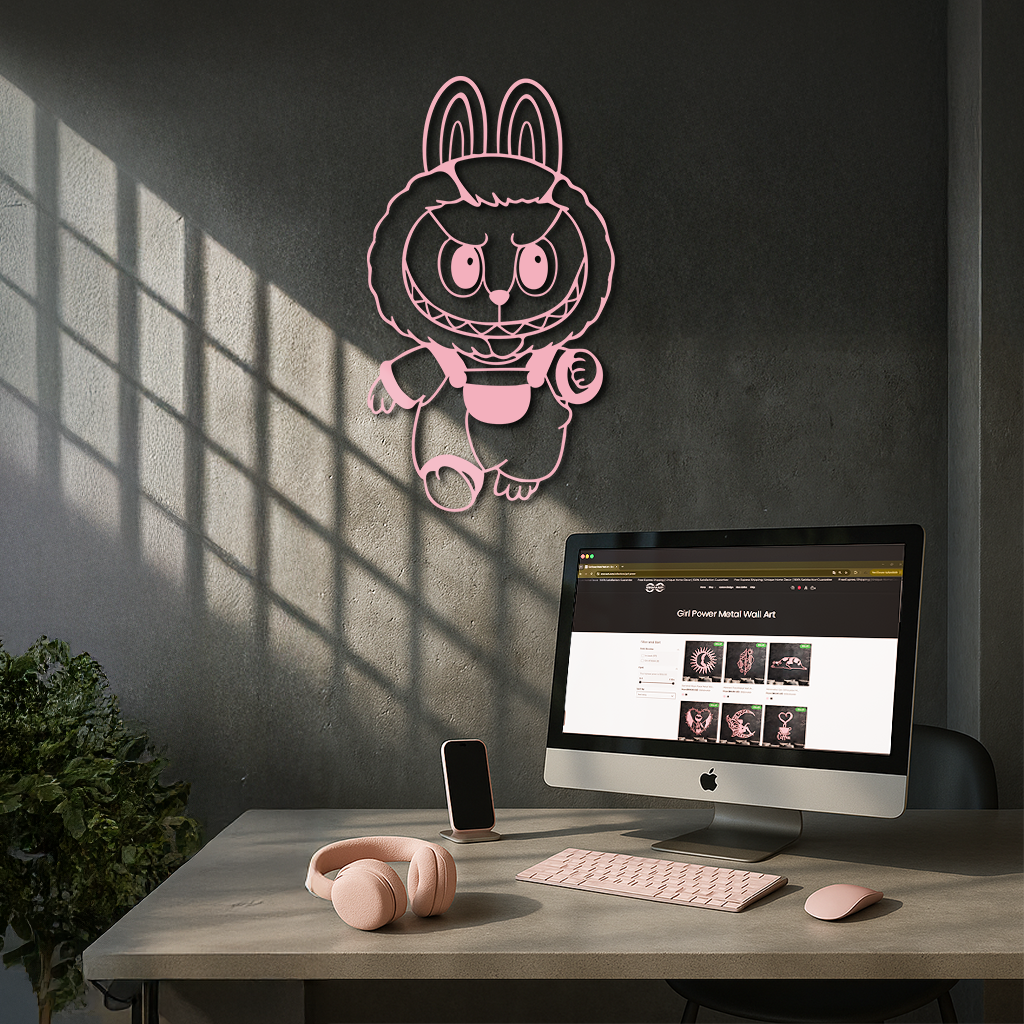Labubu Bunny Costume Silhouette Modern Home Décor - Pink Metal Wall Art - KAFGP167 by Enova Art