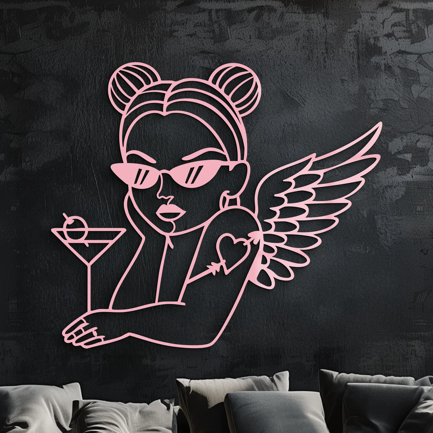 Angel Girl with Sunglasses and Cocktail – Pink Metal Wall Art - KAFGP176 by Enova Art