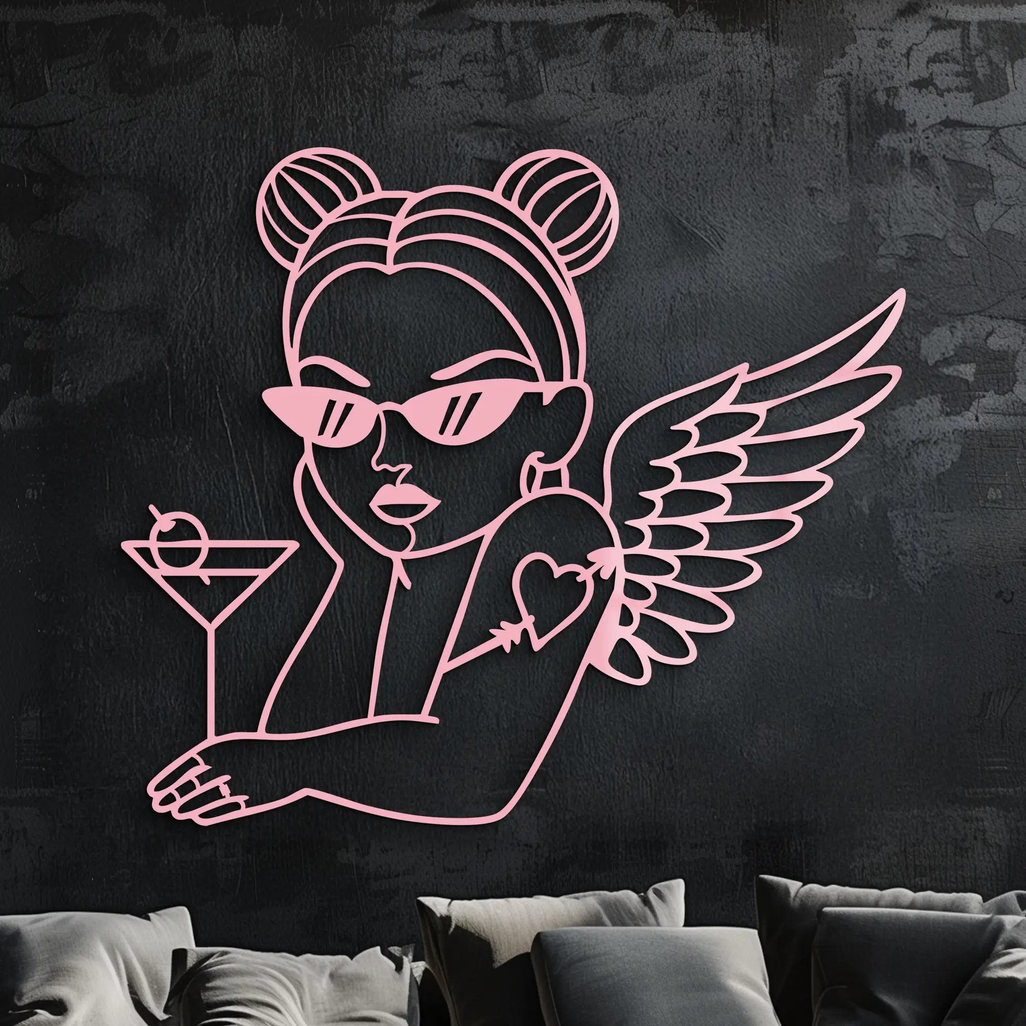 Angel Girl with Sunglasses and Cocktail – Pink Metal Wall Art - KAFGP176 by Enova Art