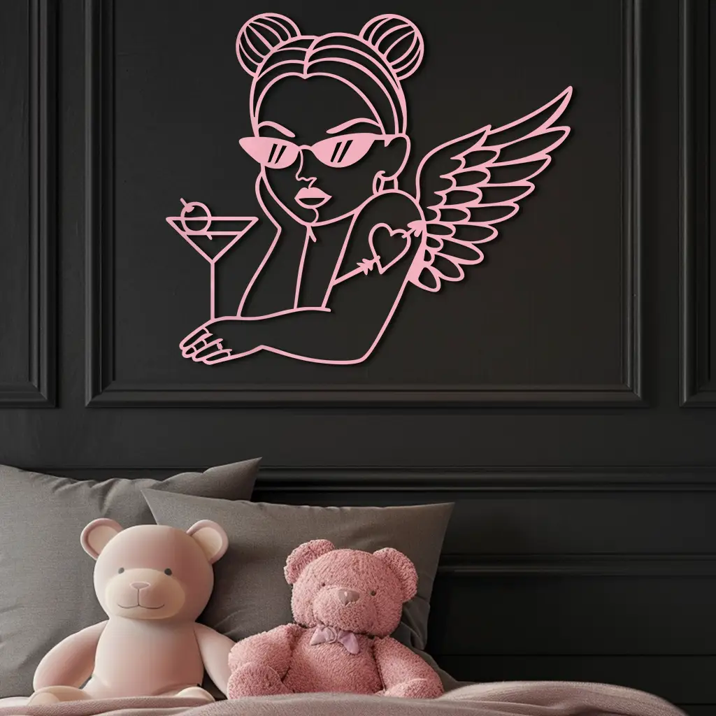 Angel Girl with Sunglasses and Cocktail – Pink Metal Wall Art - KAFGP176 by Enova Art