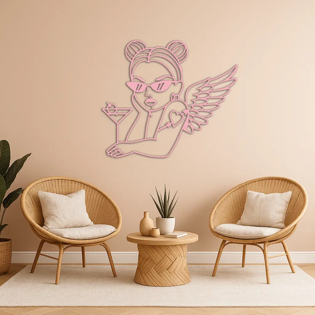 Angel Girl with Sunglasses and Cocktail – Pink Metal Wall Art - KAFGP176 by Enova Art