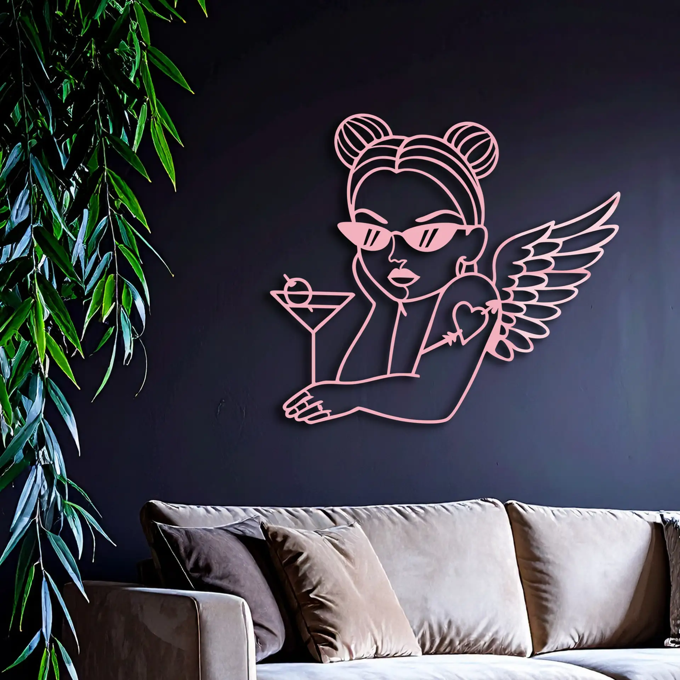 Angel Girl with Sunglasses and Cocktail – Pink Metal Wall Art - KAFGP176 by Enova Art