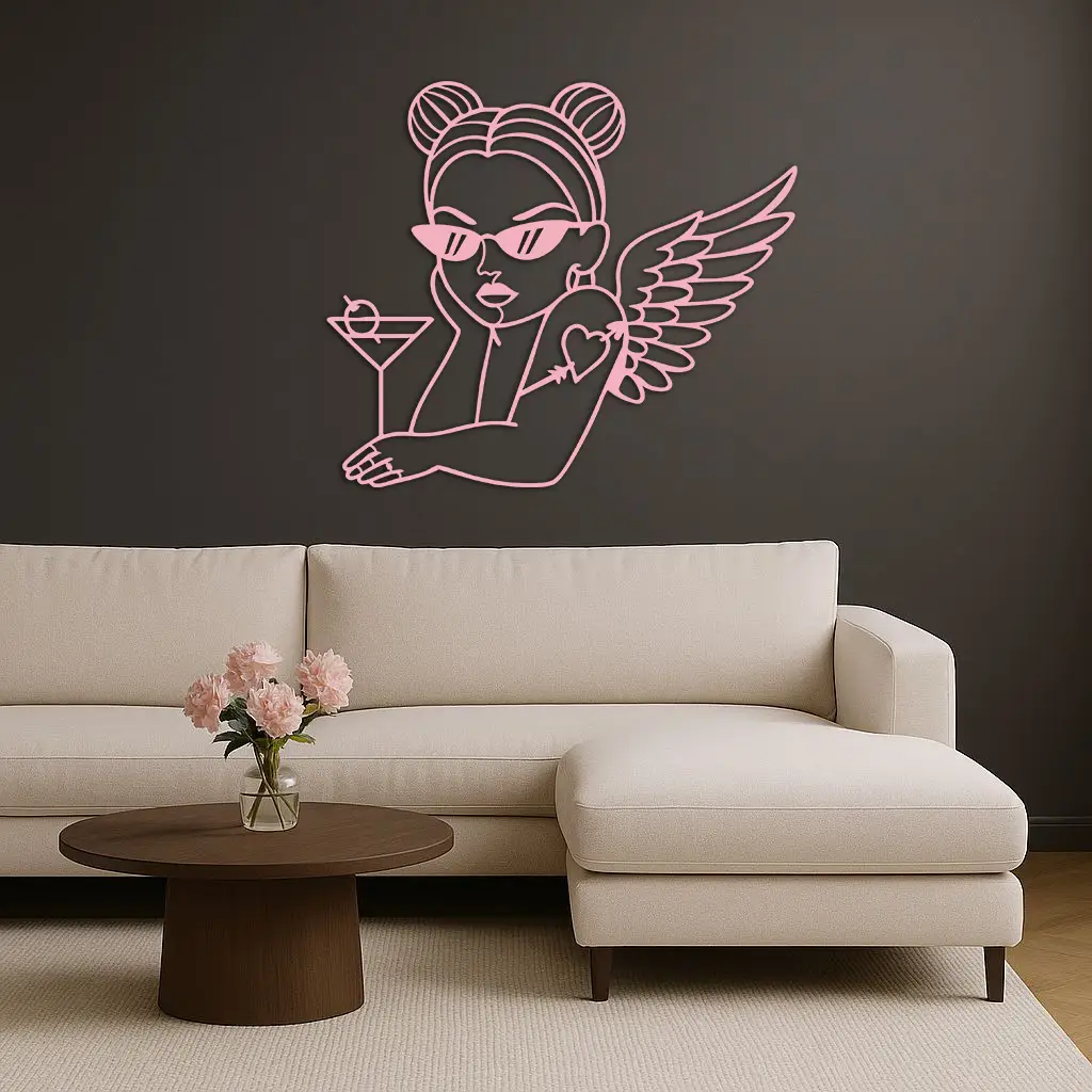 Angel Girl with Sunglasses and Cocktail – Pink Metal Wall Art - KAFGP176 by Enova Art