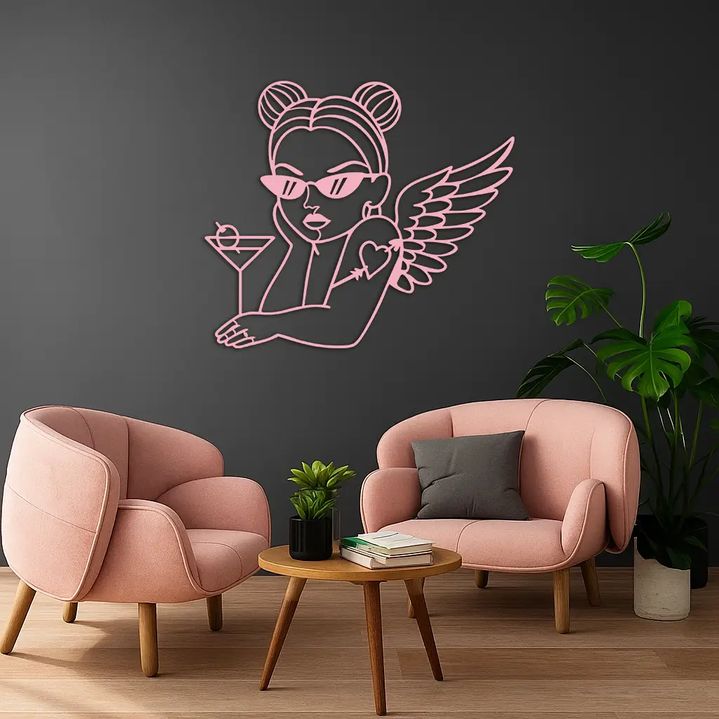 Angel Girl with Sunglasses and Cocktail – Pink Metal Wall Art - KAFGP176 by Enova Art