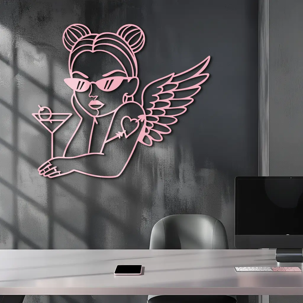 Angel Girl with Sunglasses and Cocktail – Pink Metal Wall Art - KAFGP176 by Enova Art