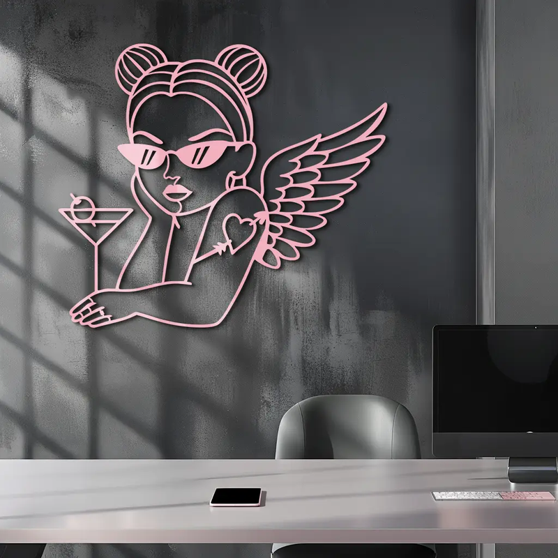 Angel Girl with Sunglasses and Cocktail – Pink Metal Wall Art - KAFGP176 by Enova Art