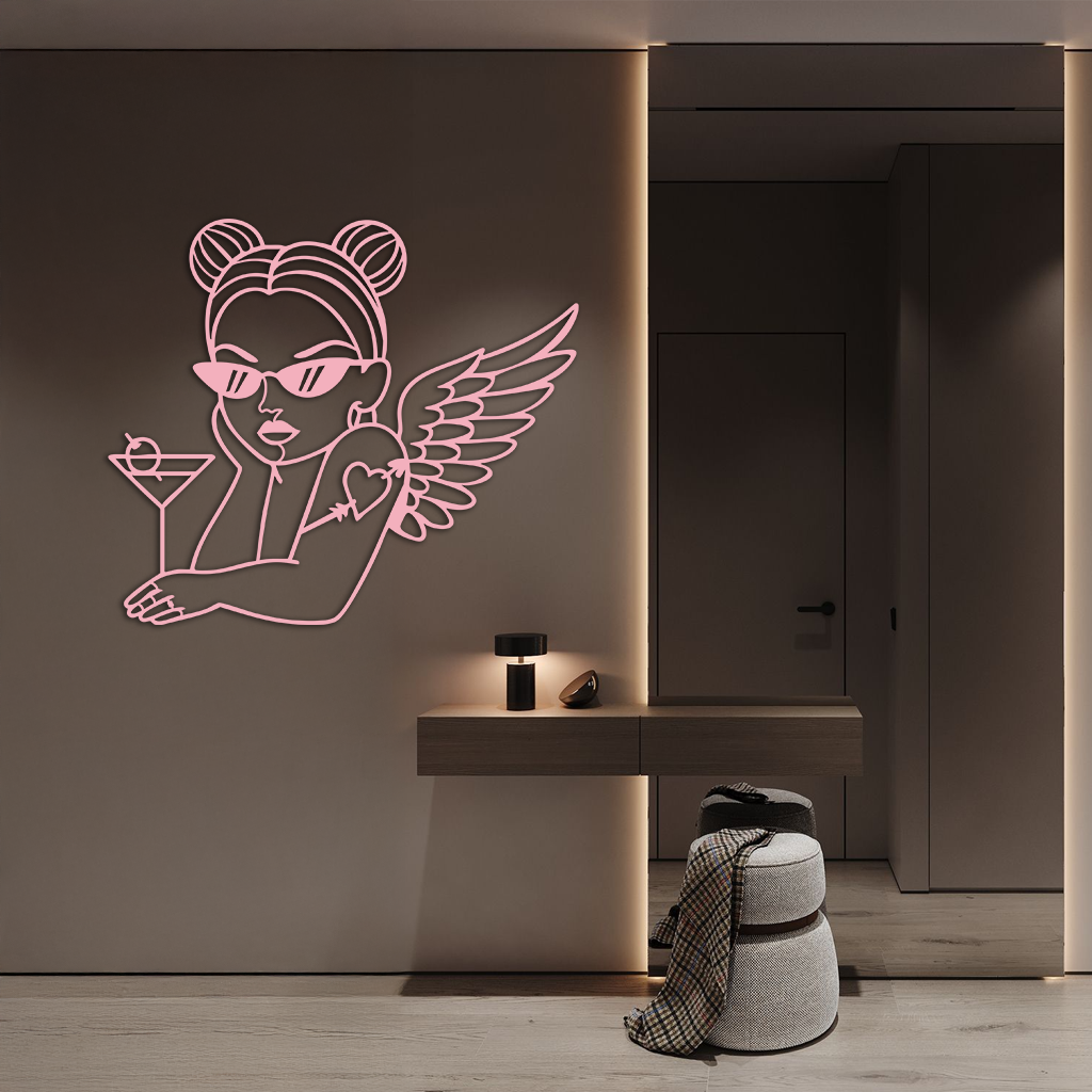 Angel Girl with Sunglasses and Cocktail – Pink Metal Wall Art - KAFGP176 by Enova Art