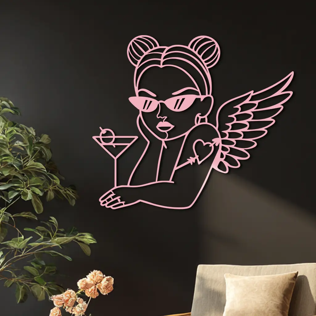 Angel Girl with Sunglasses and Cocktail – Pink Metal Wall Art - KAFGP176 by Enova Art
