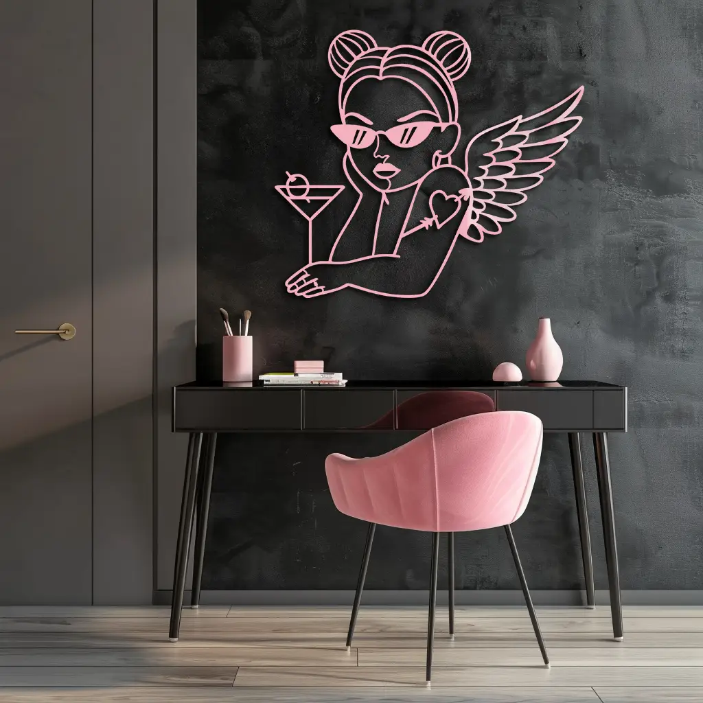 Angel Girl with Sunglasses and Cocktail – Pink Metal Wall Art - KAFGP176 by Enova Art