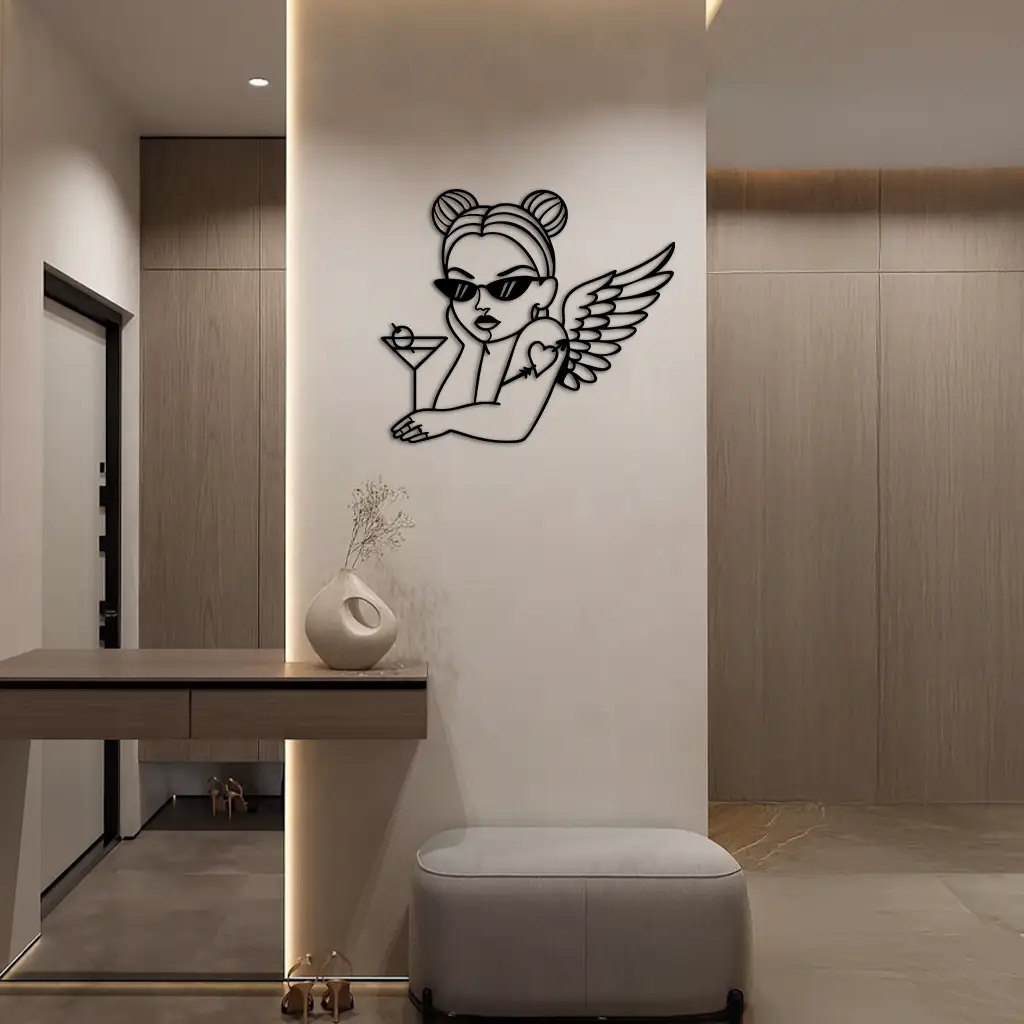 Angel Girl with Sunglasses and Cocktail – Pink Metal Wall Art - KAFGP176 by Enova Art