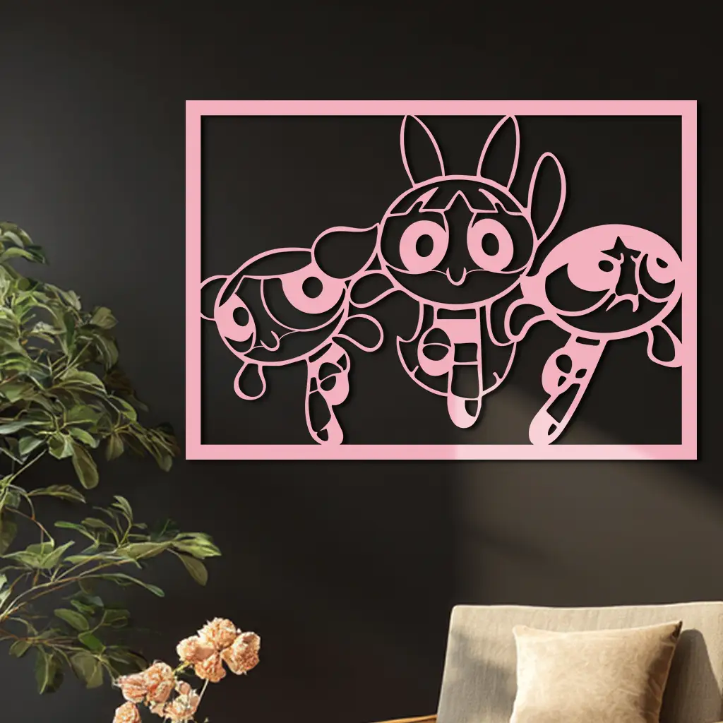 Powerpuff Girls Trio Silhouette – Pink Metal Wall Art - KAFGP179 by Enova Art