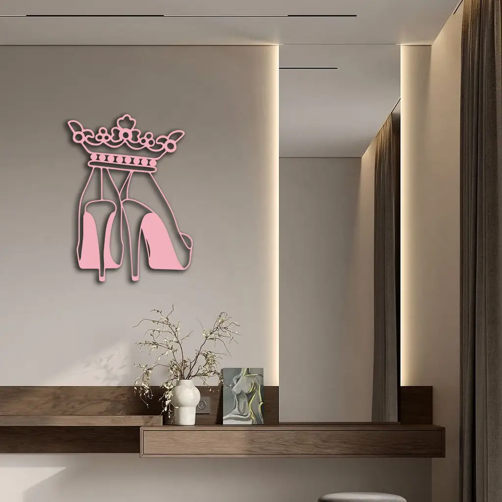 Crown High Heels Silhouette – Pink Metal Wall Art for Modern Glam Décor - KAFGP182 by Enova Art