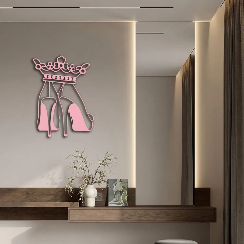 Crown High Heels Silhouette – Pink Metal Wall Art for Modern Glam Décor - KAFGP182 by Enova Art