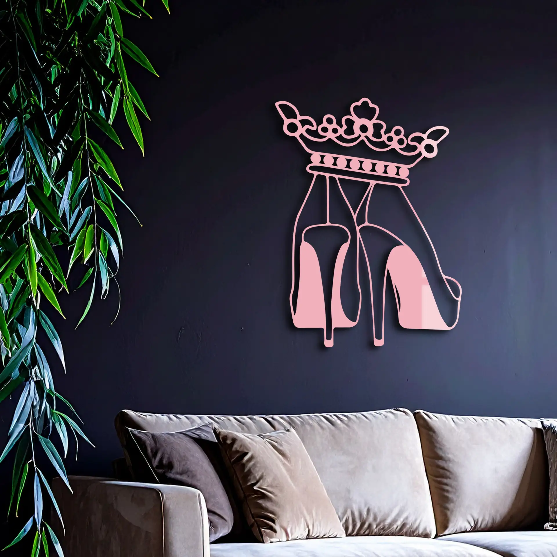 Crown High Heels Silhouette – Pink Metal Wall Art for Modern Glam Décor - KAFGP182 by Enova Art
