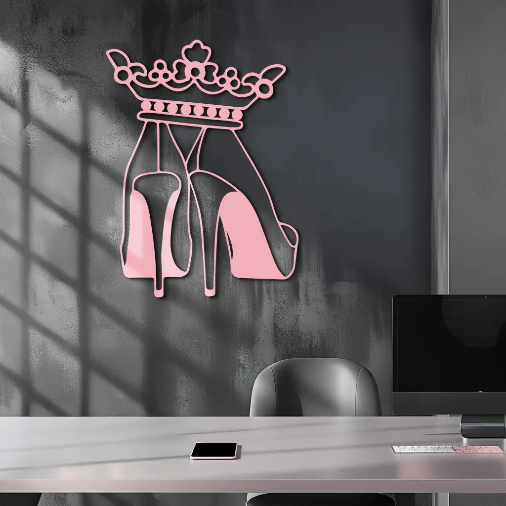 Crown High Heels Silhouette – Pink Metal Wall Art for Modern Glam Décor - KAFGP182 by Enova Art