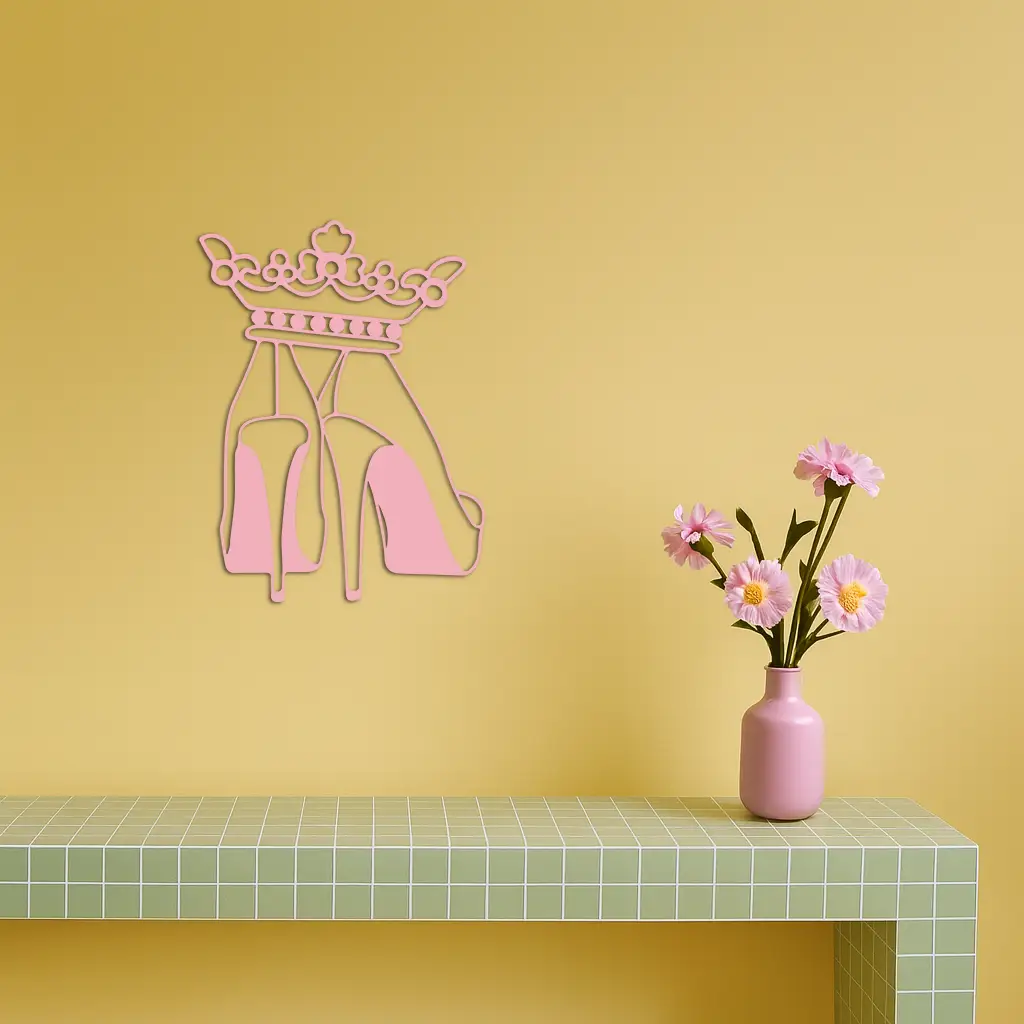 Crown High Heels Silhouette – Pink Metal Wall Art for Modern Glam Décor - KAFGP182 by Enova Art