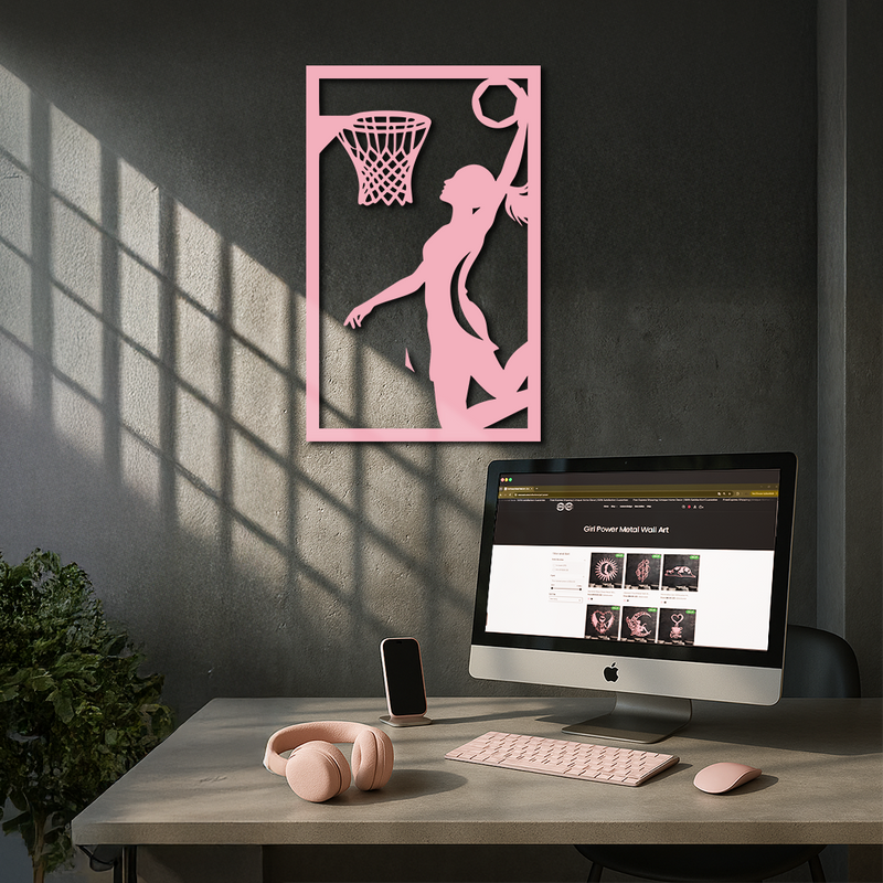 Basketball Girl Silhouette Metal Wall Art – Modern Pink Home Decor - KAFGP184 by Enova Art