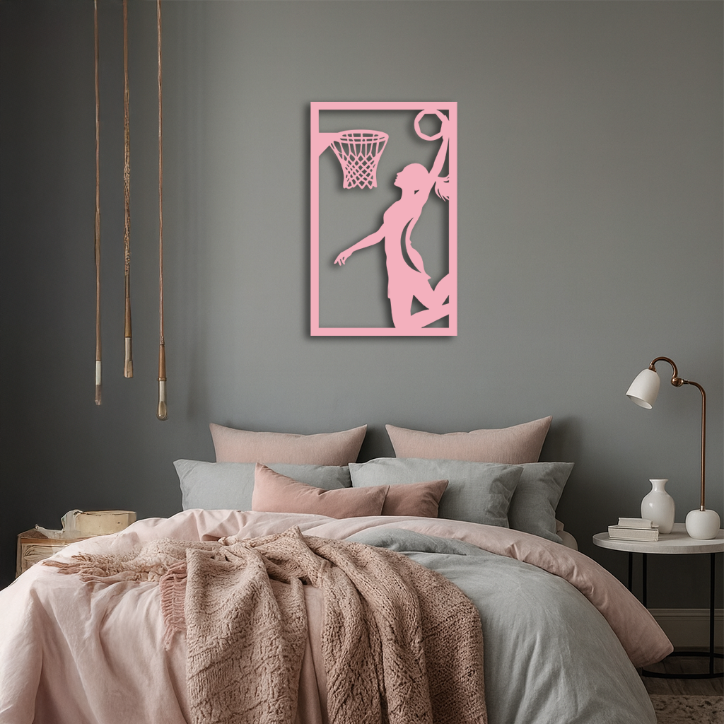 Basketball Girl Silhouette Metal Wall Art – Modern Pink Home Decor - KAFGP184 by Enova Art
