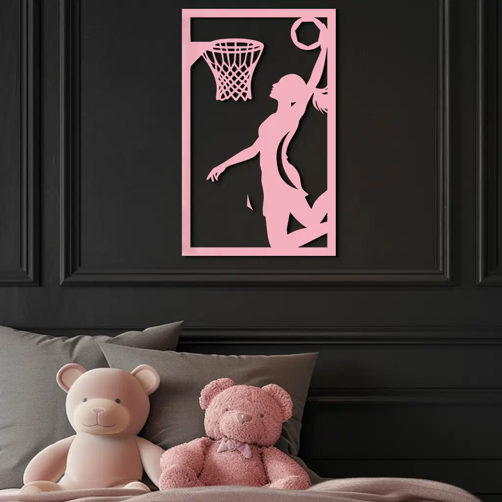 Basketball Girl Silhouette Metal Wall Art – Modern Pink Home Decor - KAFGP184 by Enova Art