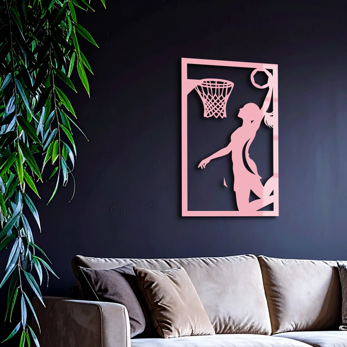 Basketball Girl Silhouette Metal Wall Art – Modern Pink Home Decor - KAFGP184 by Enova Art