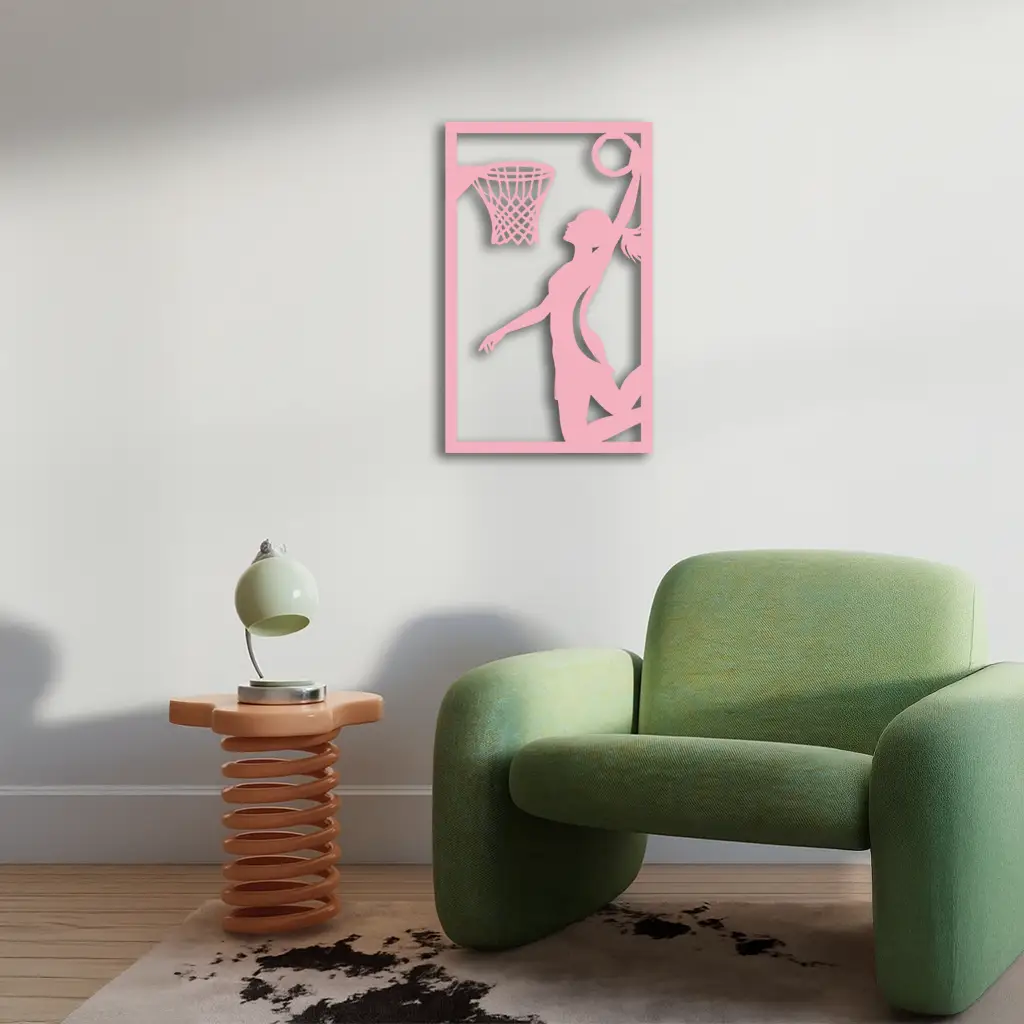 Basketball Girl Silhouette Metal Wall Art – Modern Pink Home Decor - KAFGP184 by Enova Art