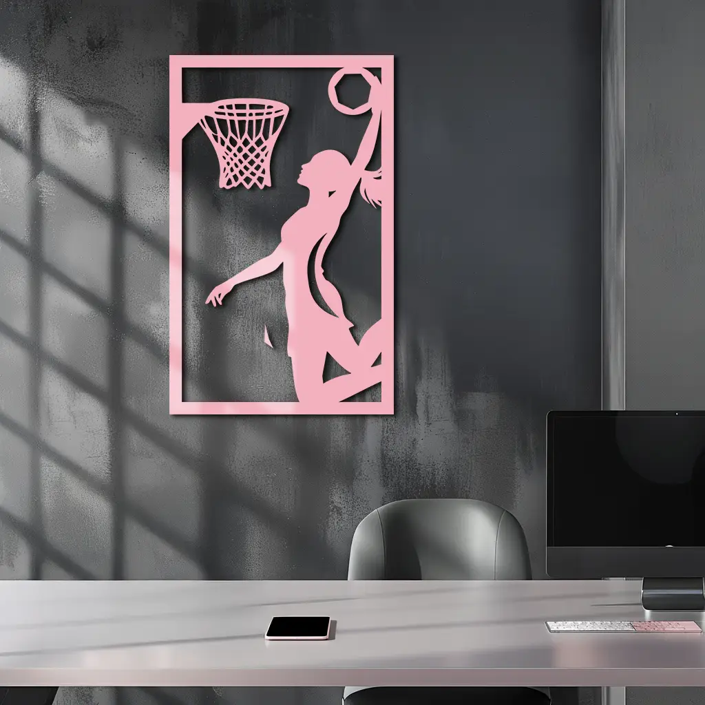 Basketball Girl Silhouette Metal Wall Art – Modern Pink Home Decor - KAFGP184 by Enova Art