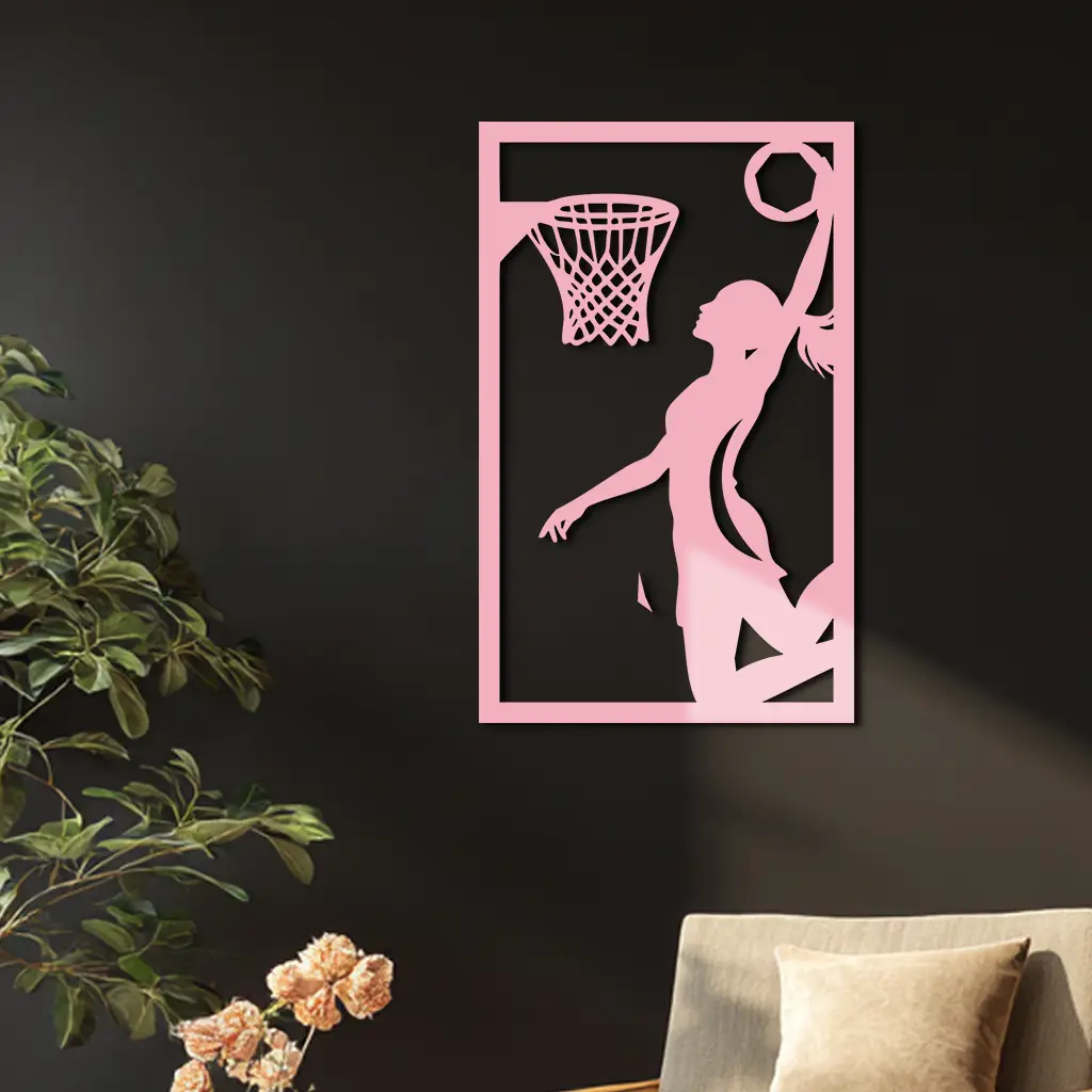 Basketball Girl Silhouette Metal Wall Art – Modern Pink Home Decor - KAFGP184 by Enova Art