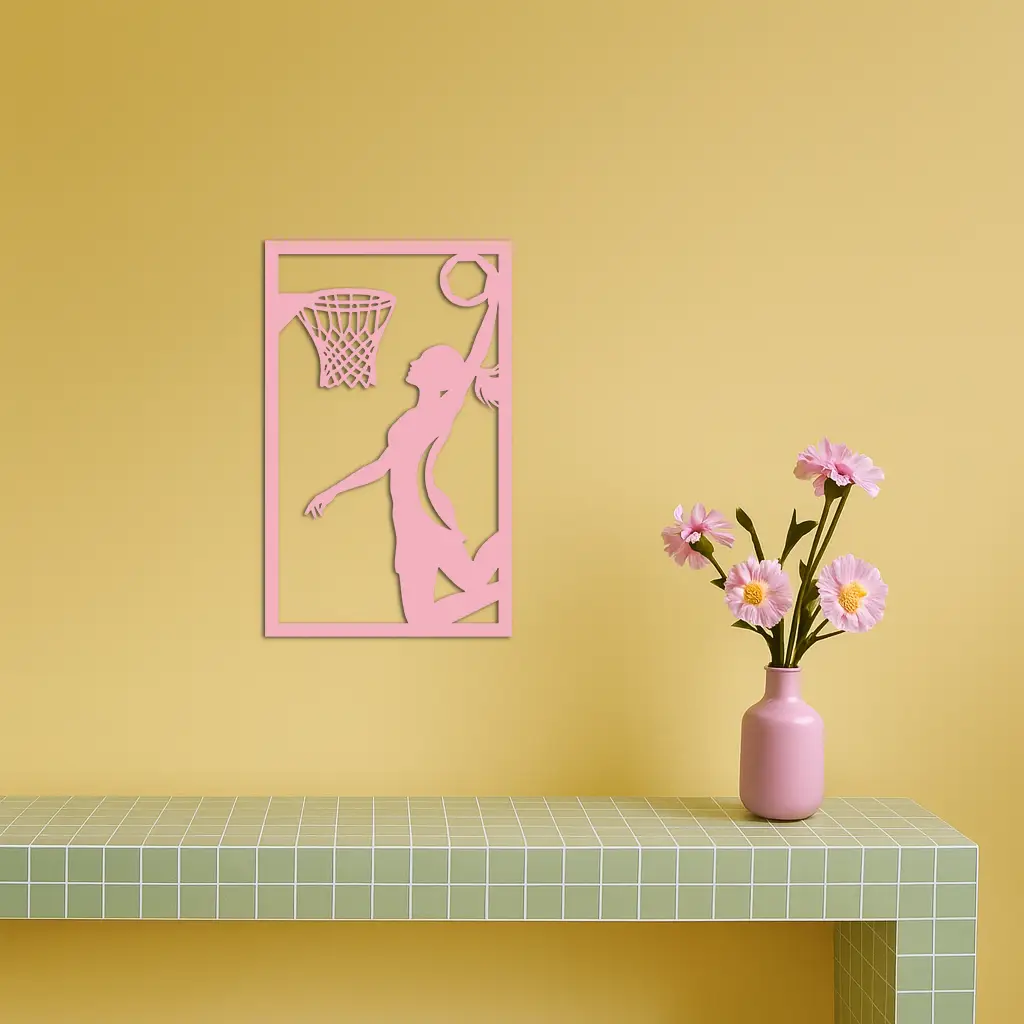 Basketball Girl Silhouette Metal Wall Art – Modern Pink Home Decor - KAFGP184 by Enova Art