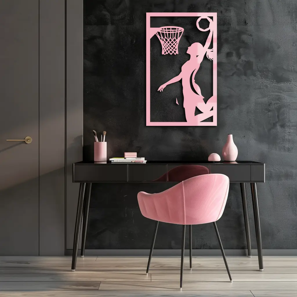Basketball Girl Silhouette Metal Wall Art – Modern Pink Home Decor - KAFGP184 by Enova Art
