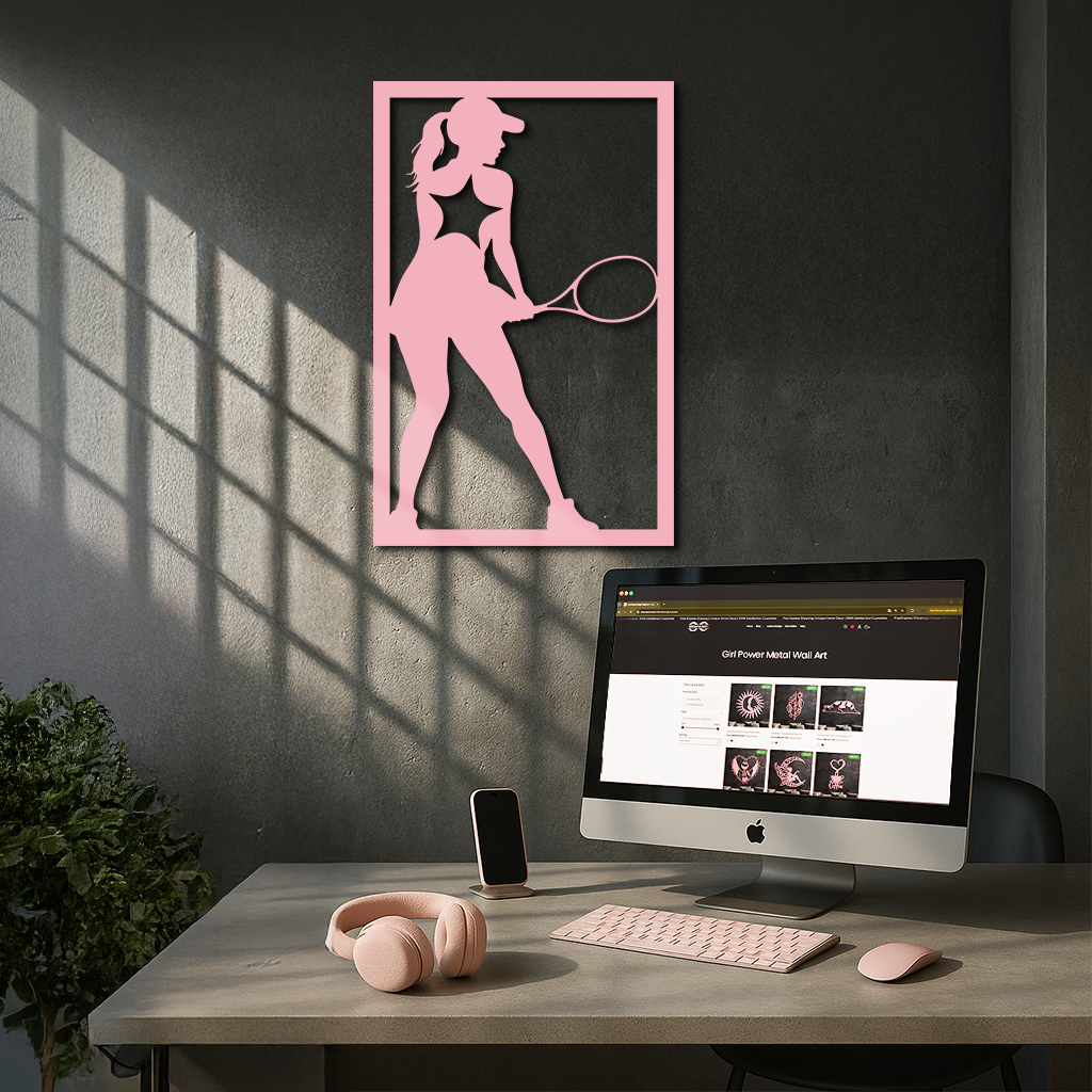 Tennis Player Silhouette Metal Wall Art – Pink Modern Sports Décor - KAFGP185 by Enova Art