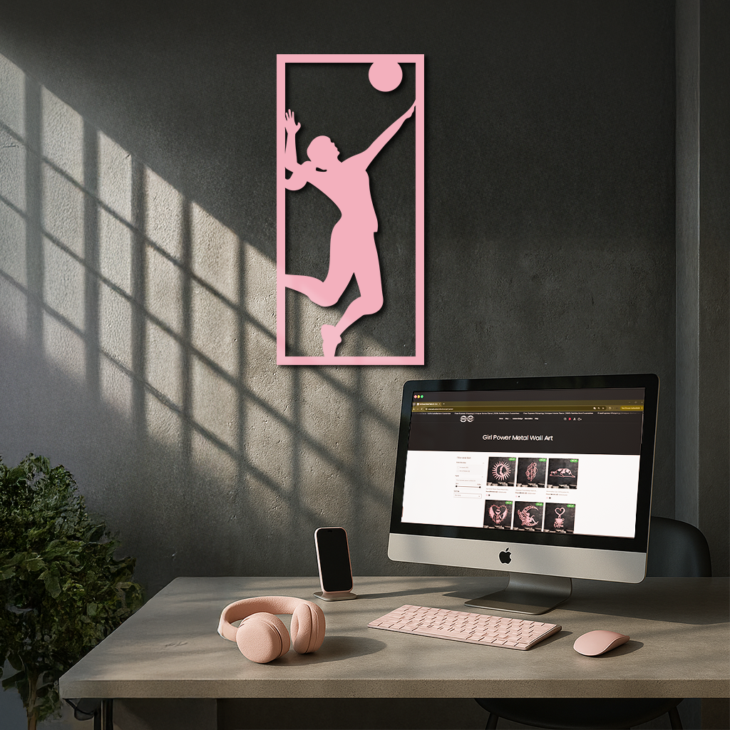 Volleyball Player Silhouette Metal Wall Art - Pink Modern Sports Décor - KAFGP186 by Enova Art