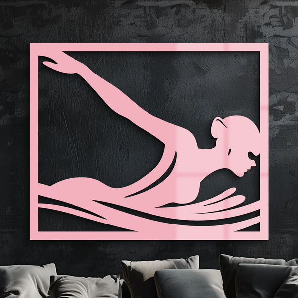 Pink Swimmer Woman Silhouette Metal Wall Art – Sporty Modern Home Decor - KAFGP187