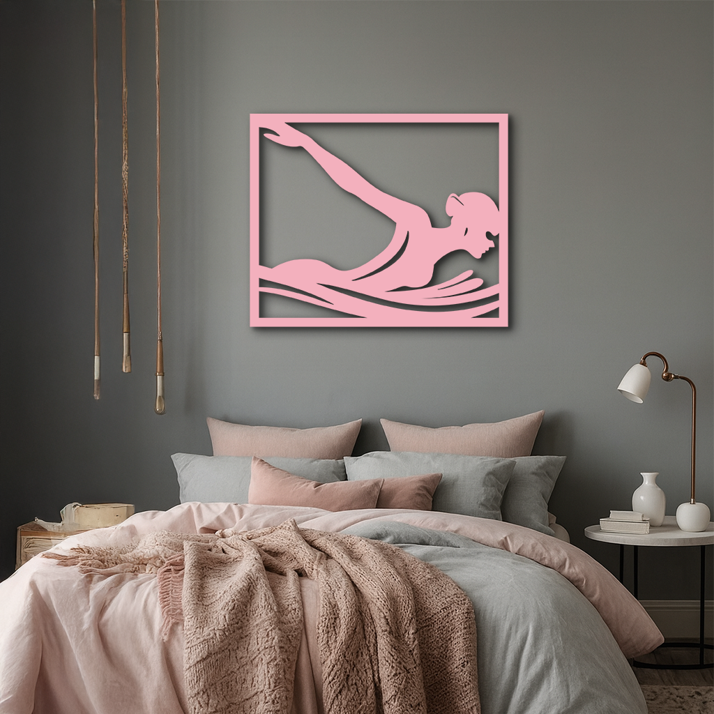 Pink Swimmer Woman Silhouette Metal Wall Art – Sporty Modern Home Decor - KAFGP187 by Enova Art