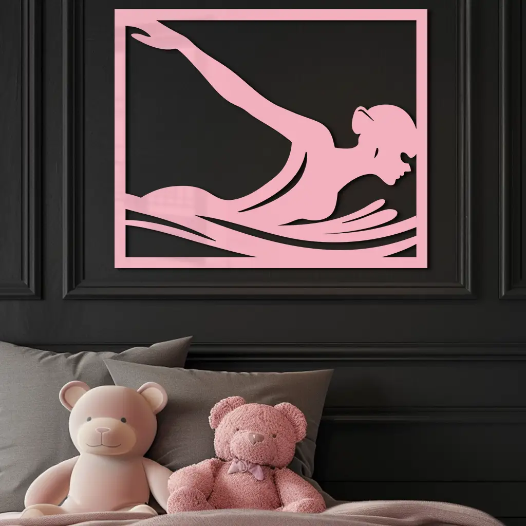 Pink Swimmer Woman Silhouette Metal Wall Art – Sporty Modern Home Decor - KAFGP187 by Enova Art
