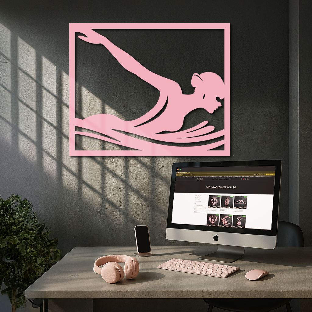 Pink Swimmer Woman Silhouette Metal Wall Art – Sporty Modern Home Decor - KAFGP187 by Enova Art