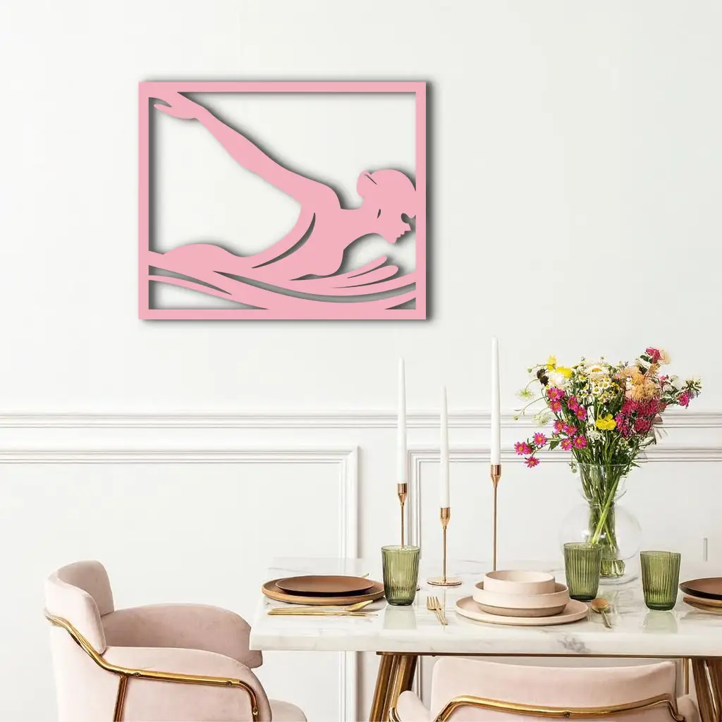 Pink Swimmer Woman Silhouette Metal Wall Art – Sporty Modern Home Decor - KAFGP187 by Enova Art