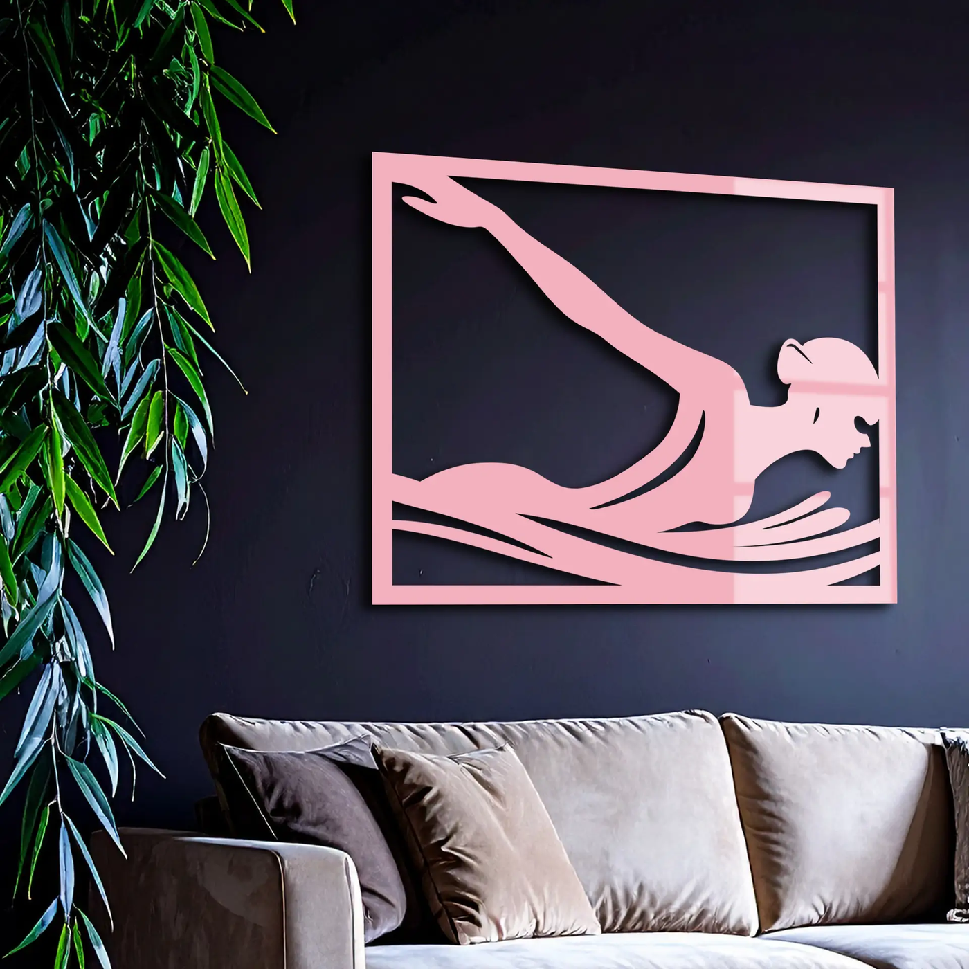 Pink Swimmer Woman Silhouette Metal Wall Art – Sporty Modern Home Decor - KAFGP187 by Enova Art