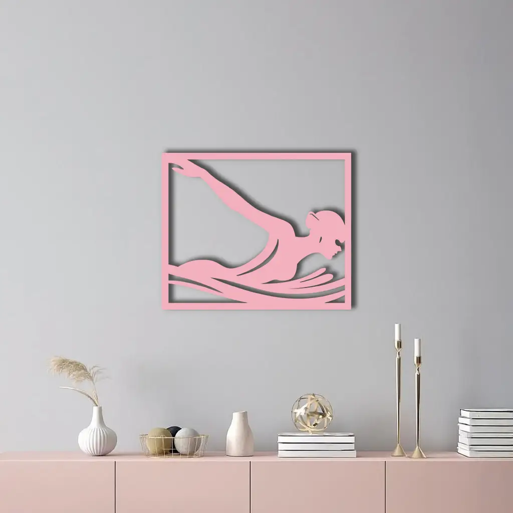 Pink Swimmer Woman Silhouette Metal Wall Art – Sporty Modern Home Decor - KAFGP187 by Enova Art