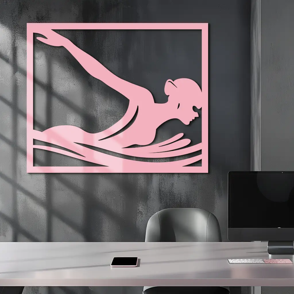 Pink Swimmer Woman Silhouette Metal Wall Art – Sporty Modern Home Decor - KAFGP187 by Enova Art