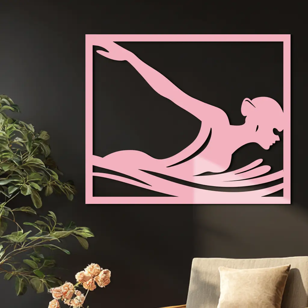 Pink Swimmer Woman Silhouette Metal Wall Art – Sporty Modern Home Decor - KAFGP187 by Enova Art