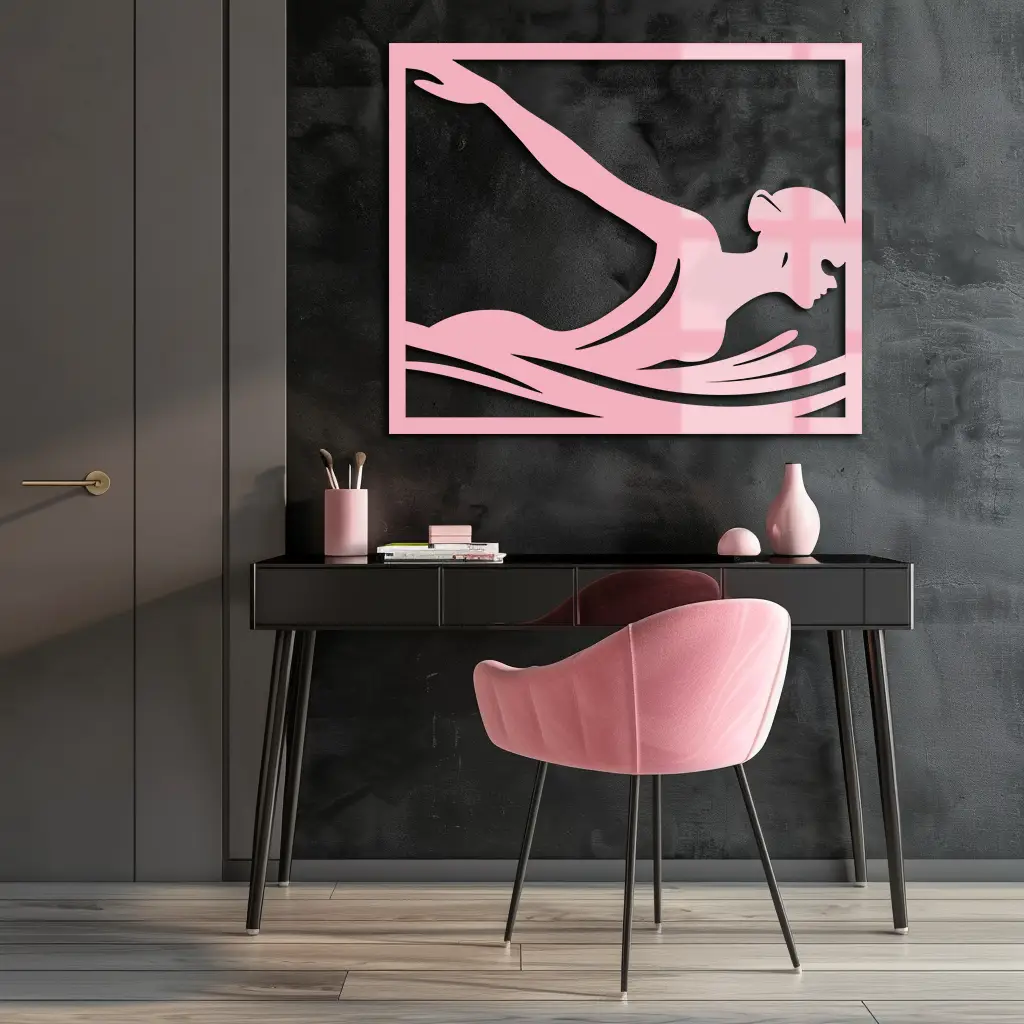 Pink Swimmer Woman Silhouette Metal Wall Art – Sporty Modern Home Decor - KAFGP187 by Enova Art