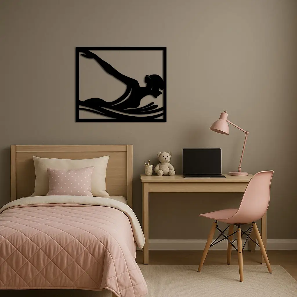 Pink Swimmer Woman Silhouette Metal Wall Art – Sporty Modern Home Decor - KAFGP187 by Enova Art