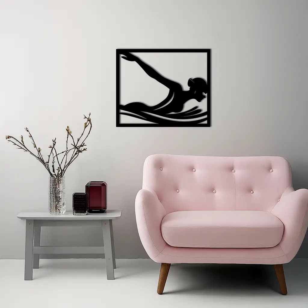 Pink Swimmer Woman Silhouette Metal Wall Art – Sporty Modern Home Decor - KAFGP187 by Enova Art