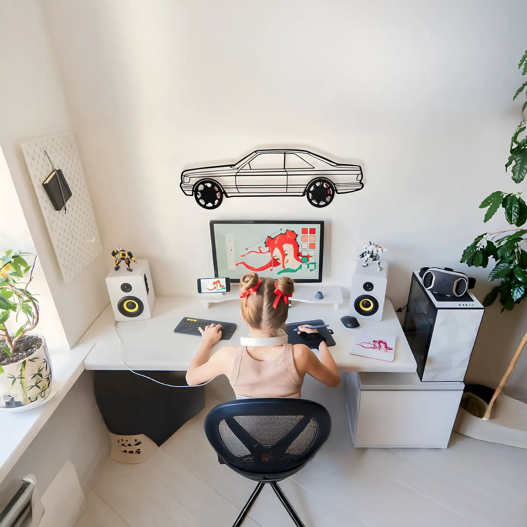 1990 Mercedes-Benz 500 SEC Wall Art – Steel Silhouette with Spinning Wheels-KAFMEKA032 by Enova Art