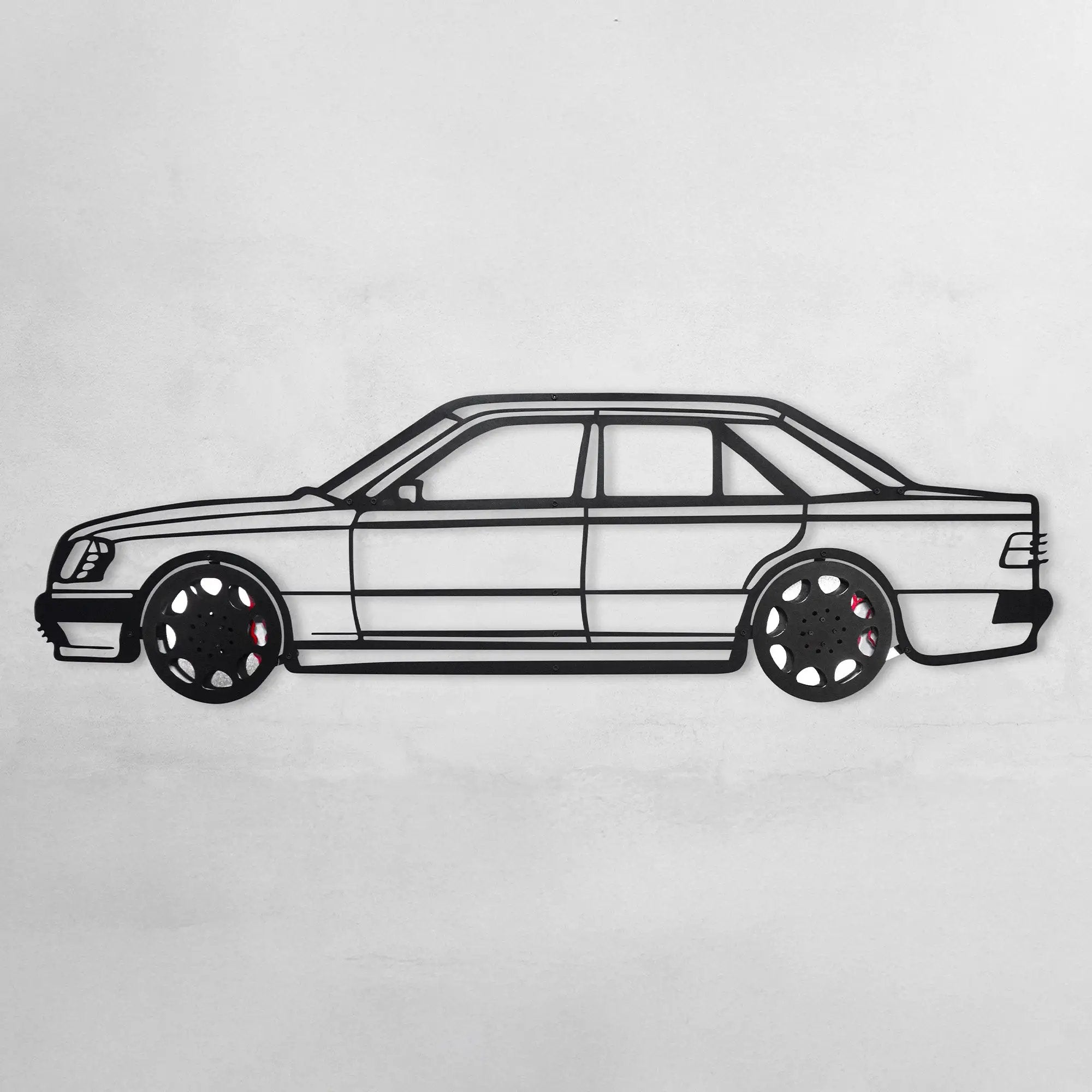 Mercedes W124 Wall Art – Classic Steel Silhouette with Spinning Wheels-KAFMEKA035 by Enova Art