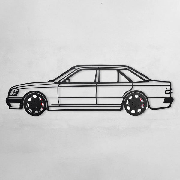 Mercedes W124 Wall Art – Classic Steel Silhouette with Spinning Wheels-KAFMEKA035