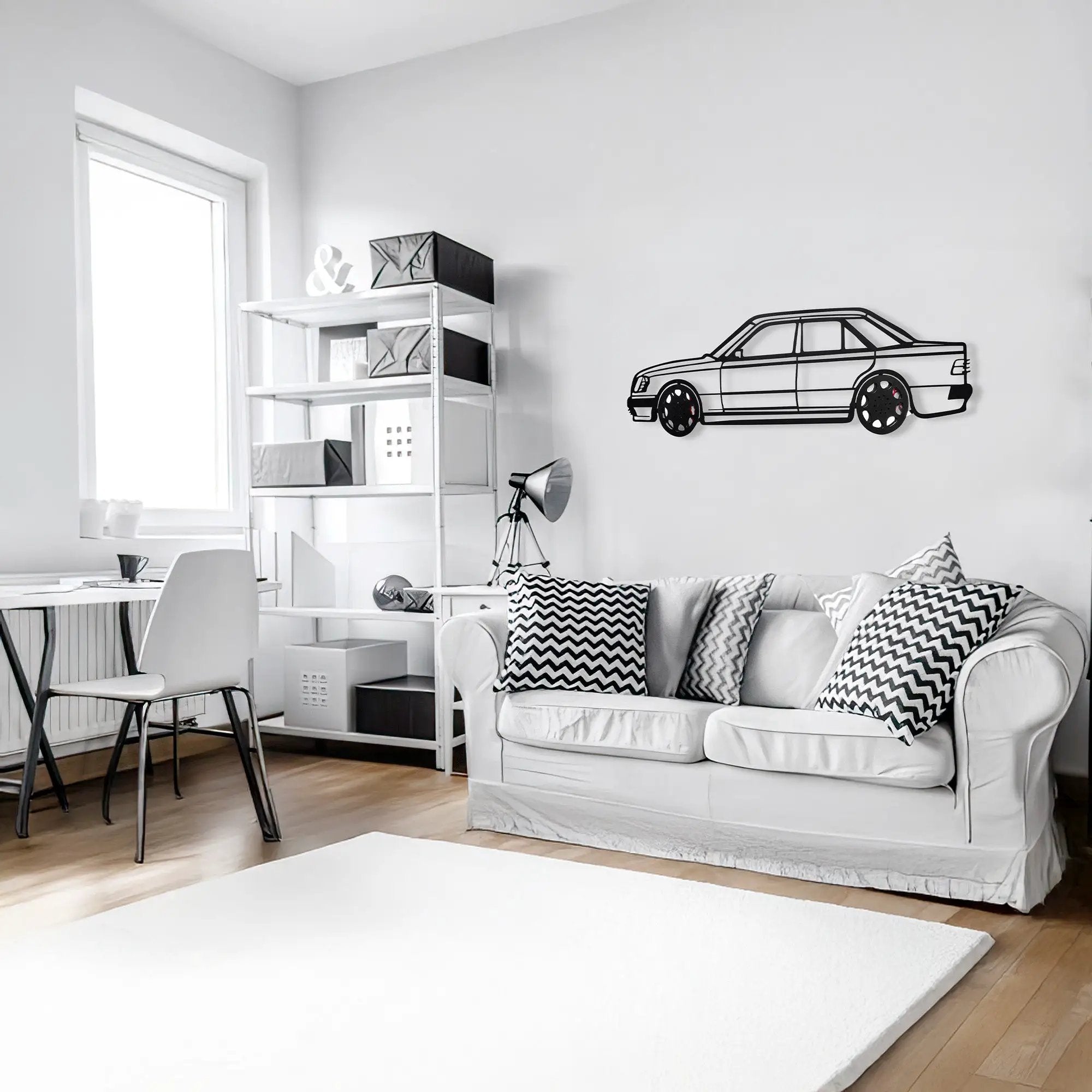 Mercedes W124 Wall Art – Classic Steel Silhouette with Spinning Wheels-KAFMEKA035 by Enova Art